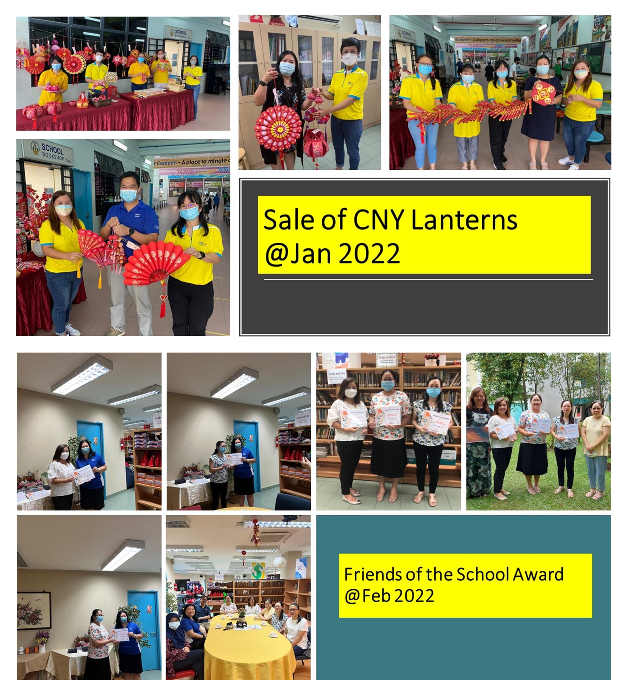 Collage showing CNY lantern sale in January 2022 and Friends of the School Award ceremony in February 2022.